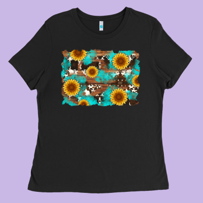 Sunflower And Cowhides With Wood And Turquoise Background Ladies Tee Designed By Artiststas