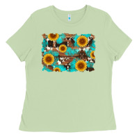 Matcha sunflower and cowhides with wood and turquoise background Ladies Tee - Artiststas