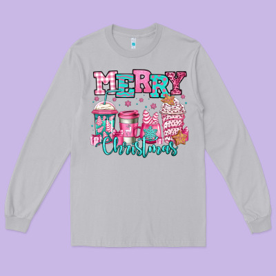 Merry Christmas Pink Coffee Cups Long Sleeve Tee Designed By Jasminsmagicworld