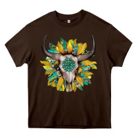 Chocolate Brown boho bullskull with sunflower and gemstone Heavy Core Tee - Artiststas