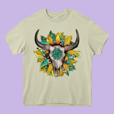 Boho Bullskull With Sunflower And Gemstone Heavy Core Tee Designed By Artiststas