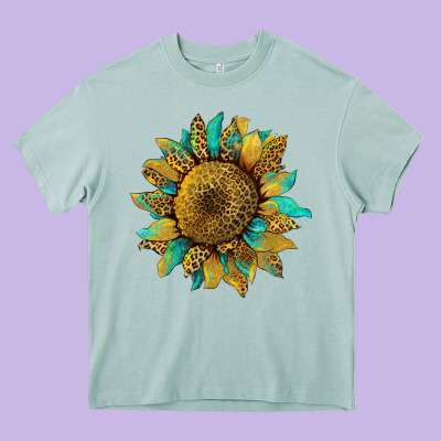Sunflower With Leopard And Turquoise Heavy Core Tee Designed By Artiststas