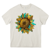 Cream sunflower with leopard and turquoise Heavy Core Tee - Artiststas