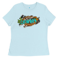 Baby Blue western cowboy and hat with cactus and cowhide Ladies Tee - Artiststas
