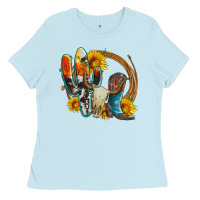 Baby Blue western cactus bullskull and boots with sunflowers and serape leopard Ladies Tee - Artiststas