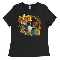 Black western cactus bullskull and boots with sunflowers and serape leopard Ladies Tee - Artiststas