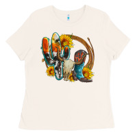 Bone western cactus bullskull and boots with sunflowers and serape leopard Ladies Tee - Artiststas