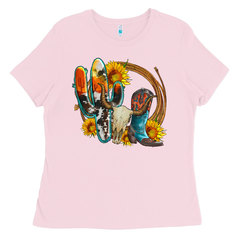 Western Cactus Bullskull And Boots With Sunflowers And Serape Leopard Ladies Tee by Artiststas | Teevron