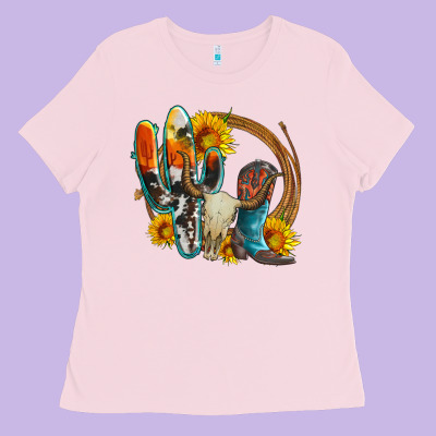 Western Cactus Bullskull And Boots With Sunflowers And Serape Leopard Ladies Tee Designed By Artiststas