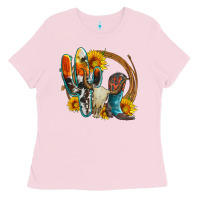Bubblegum Pink western cactus bullskull and boots with sunflowers and serape leopard Ladies Tee - Artiststas