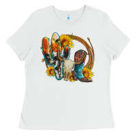 White western cactus bullskull and boots with sunflowers and serape leopard Ladies Tee - Artiststas