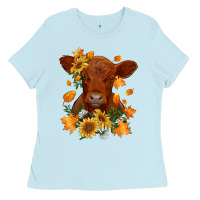 Baby Blue fall red angus calf dried leaves and sunflowers Ladies Tee - RanaPortraitStore