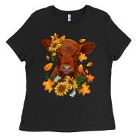 Black fall red angus calf dried leaves and sunflowers Ladies Tee - RanaPortraitStore