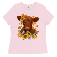 Bubblegum Pink fall red angus calf dried leaves and sunflowers Ladies Tee - RanaPortraitStore