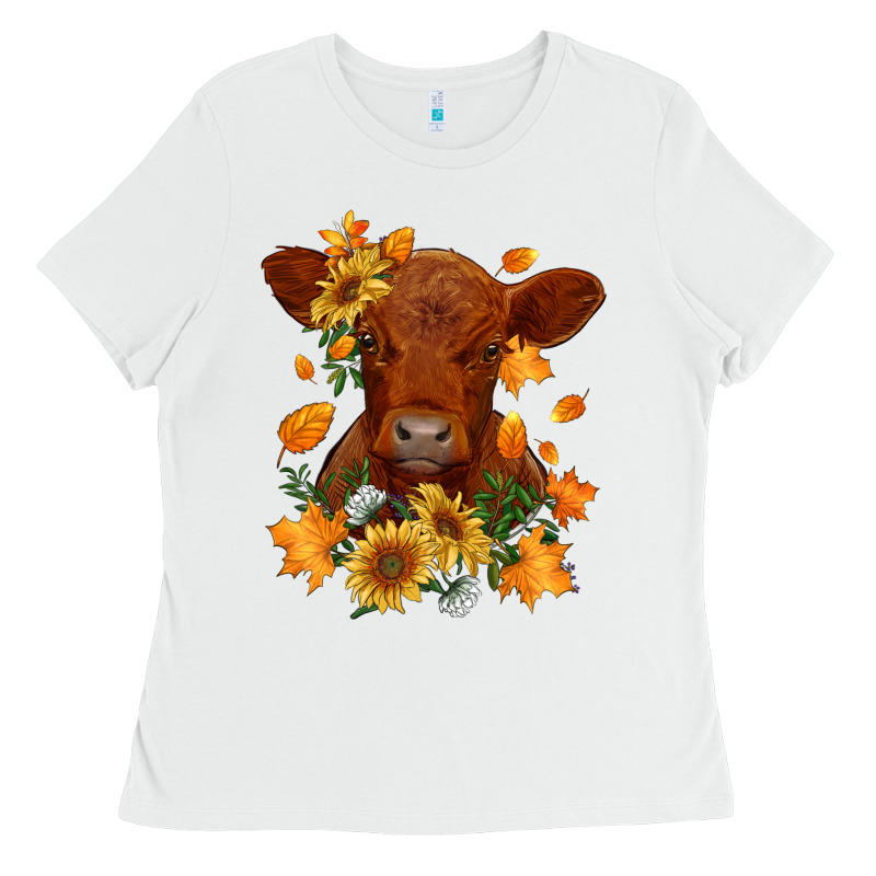 Fall Red Angus Calf Dried Leaves And Sunflowers Ladies Tee by RanaPortraitStore | Teevron
