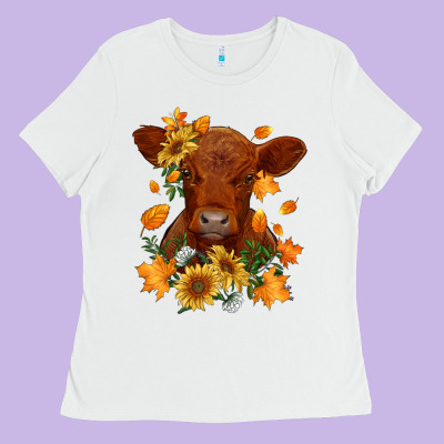 Fall Red Angus Calf Dried Leaves And Sunflowers Ladies Tee Designed By Ranaportraitstore