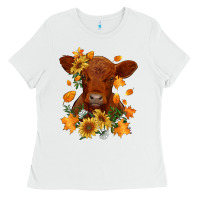 White fall red angus calf dried leaves and sunflowers Ladies Tee - RanaPortraitStore