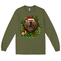 Army Green christmas bear  wreath Long Sleeve Tee - BarkalooDesign