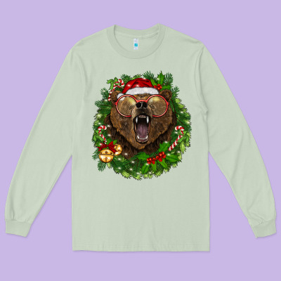 Christmas Bear  Wreath Long Sleeve Tee Designed By Barkaloodesign