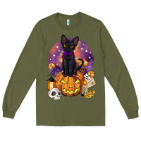 Army Green halloween black cat pumpkin Long Sleeve Tee - BarkalooDesign