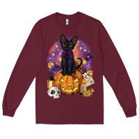 Burgundy halloween black cat pumpkin Long Sleeve Tee - BarkalooDesign