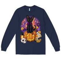Navy halloween black cat pumpkin Long Sleeve Tee - BarkalooDesign