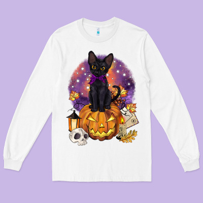 Halloween Black Cat Pumpkin Long Sleeve Tee Designed By Barkaloodesign