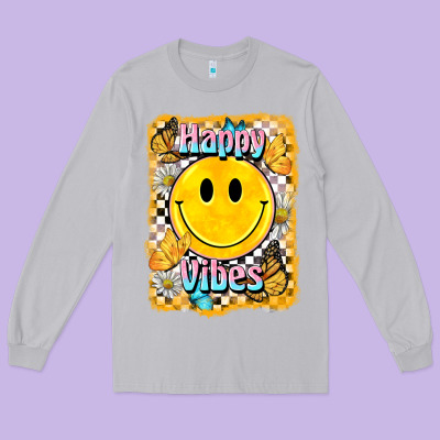 Happy Vibes Smiley Face Long Sleeve Tee Designed By Barkaloodesign