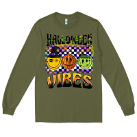 Army Green halloween vibes smiley face Long Sleeve Tee - BarkalooDesign