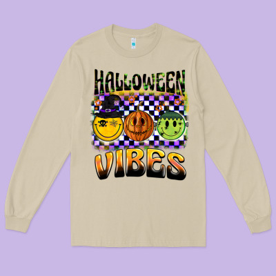Halloween Vibes Smiley Face Long Sleeve Tee Designed By Barkaloodesign