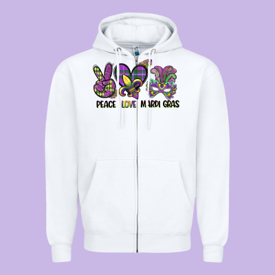 Peace Love Mardi Gras Zipper Hoodie Designed By Cowgirlartshop