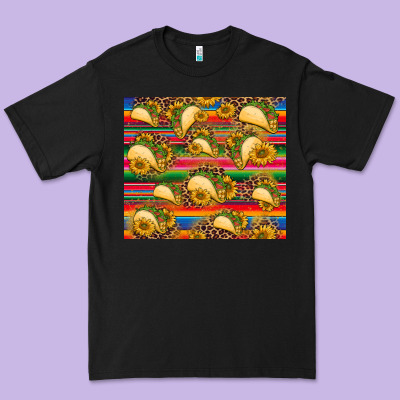 Tacos And Sunflowers With Serape Leopard Background Premium Tee Designed By Barkaloodesign