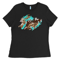 Black cowhide leopard turquoise patch Ladies Tee - AdoDesignShop