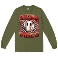 Army Green baseball vibes smiley face Long Sleeve Tee - BarkalooDesign