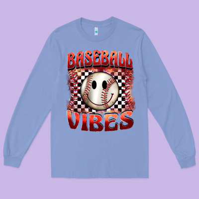 Baseball Vibes Smiley Face Long Sleeve Tee Designed By Barkaloodesign