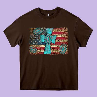 Flag And Turquoise Cross Heavy Core Tee Designed By Adodesignshop