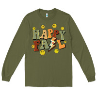 Army Green happy fall smiley face Long Sleeve Tee - BarkalooDesign