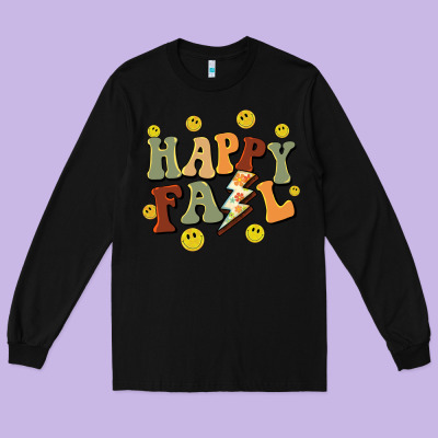 Happy Fall Smiley Face Long Sleeve Tee Designed By Barkaloodesign
