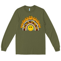 Army Green fall smiley face groovy rainbow Long Sleeve Tee - BarkalooDesign