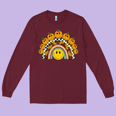 Fall Smiley Face Groovy Rainbow Long Sleeve Tee Designed By Barkaloodesign
