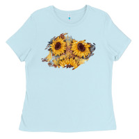 Baby Blue sunflower glitter leather patch Ladies Tee - AdoDesignShop