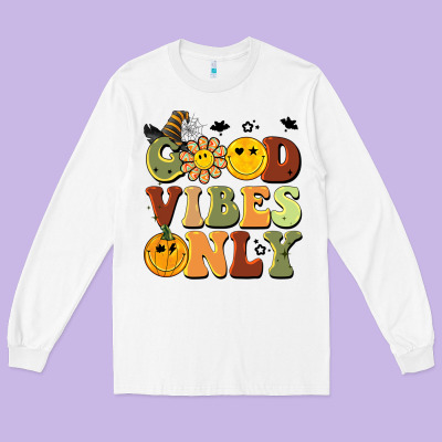 Halloween Good Vibes Only Long Sleeve Tee Designed By Barkaloodesign