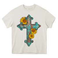 Cream turquoise sunflower cross Heavy Core Tee - AdoDesignShop