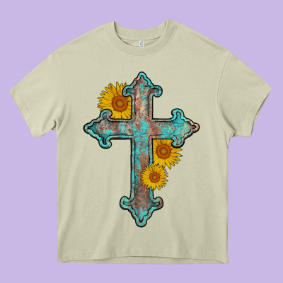 Turquoise Sunflower Cross Heavy Core Tee Designed By Adodesignshop