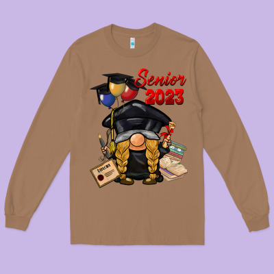 Senior 2023 Gnome Long Sleeve Tee Designed By Barkaloodesign