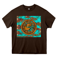 Chocolate Brown cowboy hat turquoise aztec background old wheel Heavy Core Tee - Artiststas