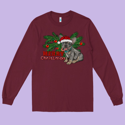 Merry Christmas French Bulldog Long Sleeve Tee Designed By Ranaportraitstore