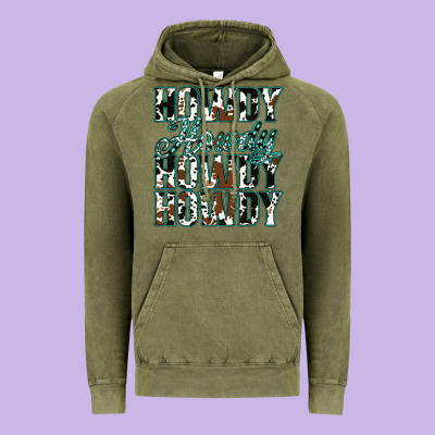 Howdy Cowhide Turquoise Vintage Hoodie Designed By Jasminsmagicworld