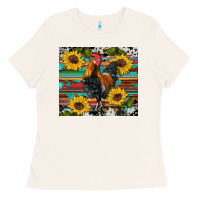 Western Coop Animals Rooster Sunflowers Cowhide Wooden Serape Glitter Ladies Tee | Teevron