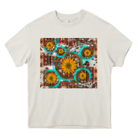 Sunflowers And Western Old Wheel Aztec Cowhide Background Heavy Core Tee | Teevron